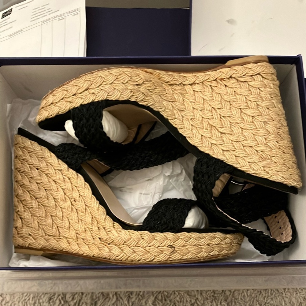 Stuart Weitzman Black and Tan Woven Wedges